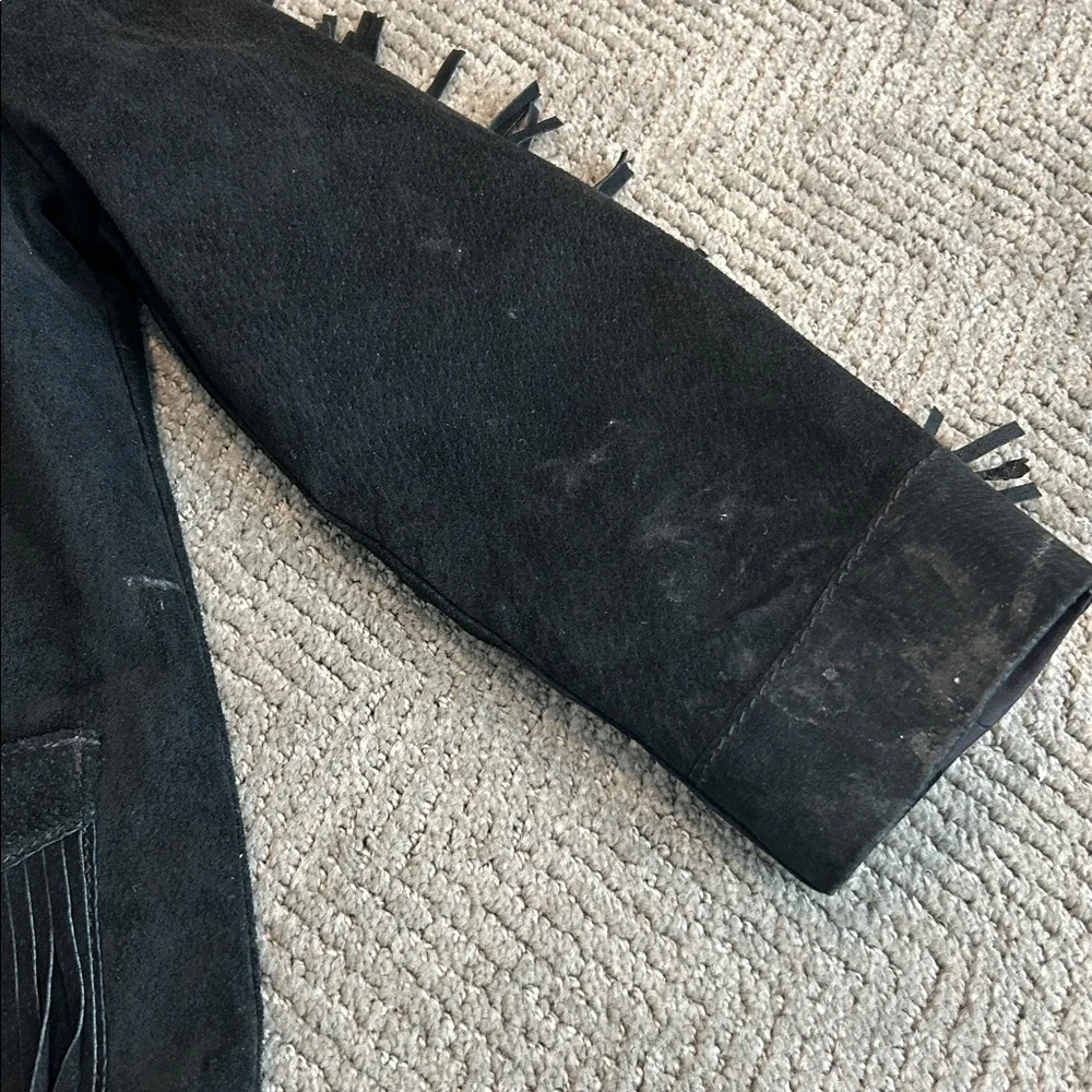 Vintage Lariat Girls Black Suede Leather Fringe Western Jacket Made in USA Sz S